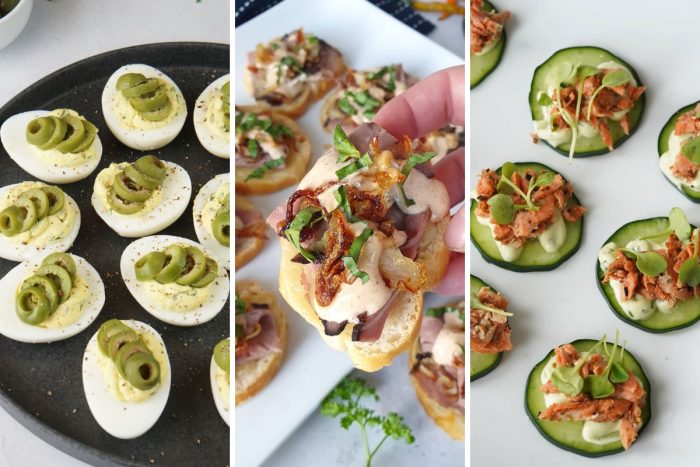 dirty martini deviled eggs, roast beef and onion canape, and salmon crackers