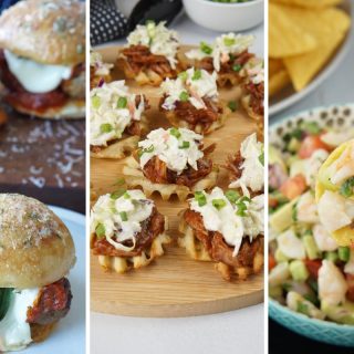 meatball marinara sliders, pulled pork waffle fries and avocado shrimp salsa