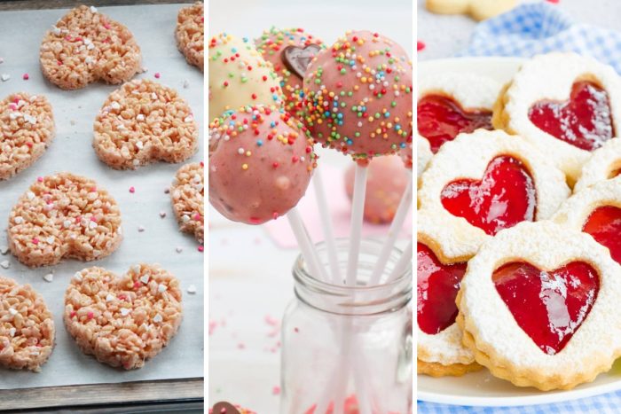 pink rice krispies treats, valentine's day cake pops, and raspberry linzer cookies