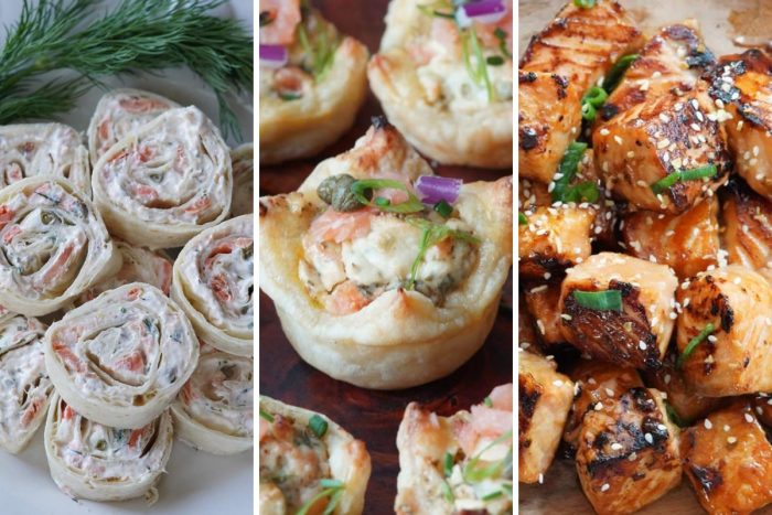 smoked salmon pinwheels, smoked salmon puff pastry, and glazed salmon bites