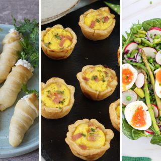 cream cheese carrots, mini quiche, and asparagus salad