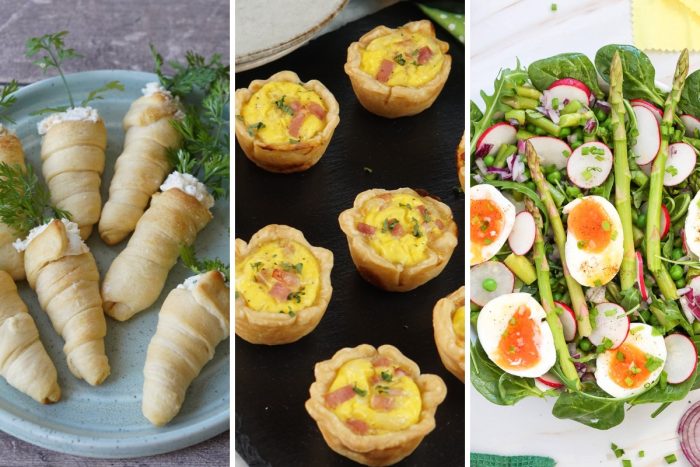 cream cheese carrots, mini quiche, and asparagus salad