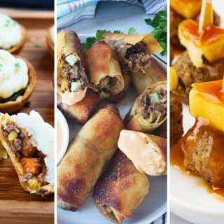 mini shepherds pie, cheeseburger eggrolls, and luau meatballs