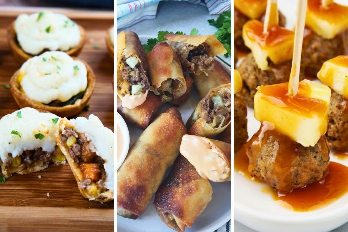 mini shepherds pie, cheeseburger eggrolls, and luau meatballs