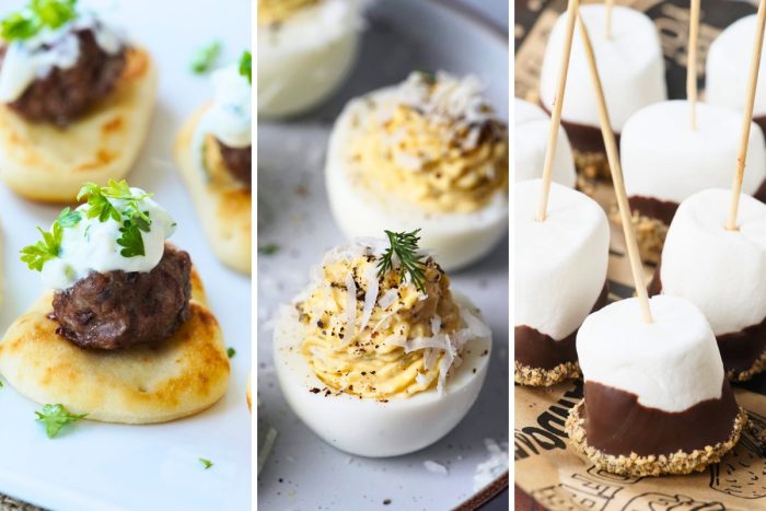 Greek meaballs with naan, cacio e pepe deviled eggs, and smore skewers