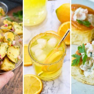 warm potato salad cups, classic lemonade, shrimp rolls