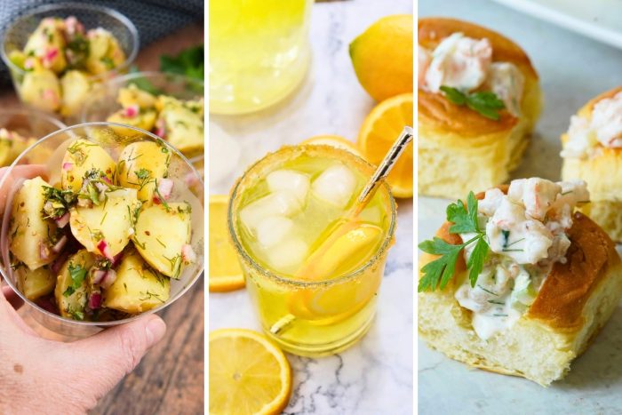 warm potato salad cups, classic lemonade, shrimp rolls