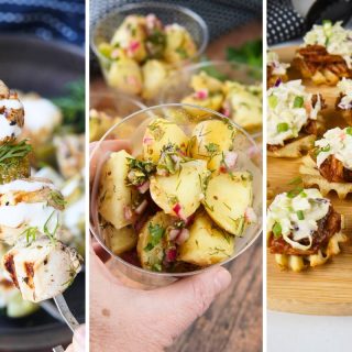 chicken and pickle skewers, warm potato salad cups, and pulled pork waffle fries