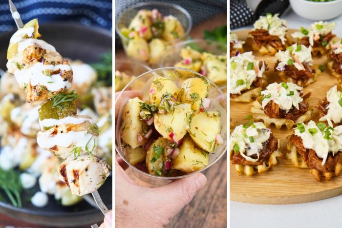 chicken and pickle skewers, warm potato salad cups, and pulled pork waffle fries