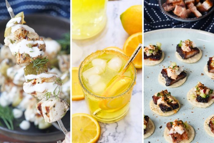 chicken and pickle skewers, homemade lemonade, and pork belly crackers